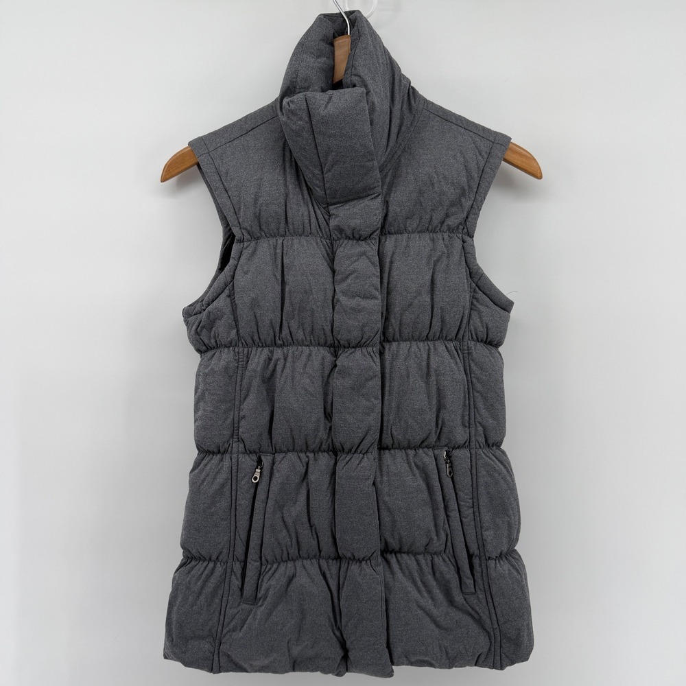 Athleta Goose Down Puffer Vest magnetic Gray Purple Lining Funnel Neck Womens XS